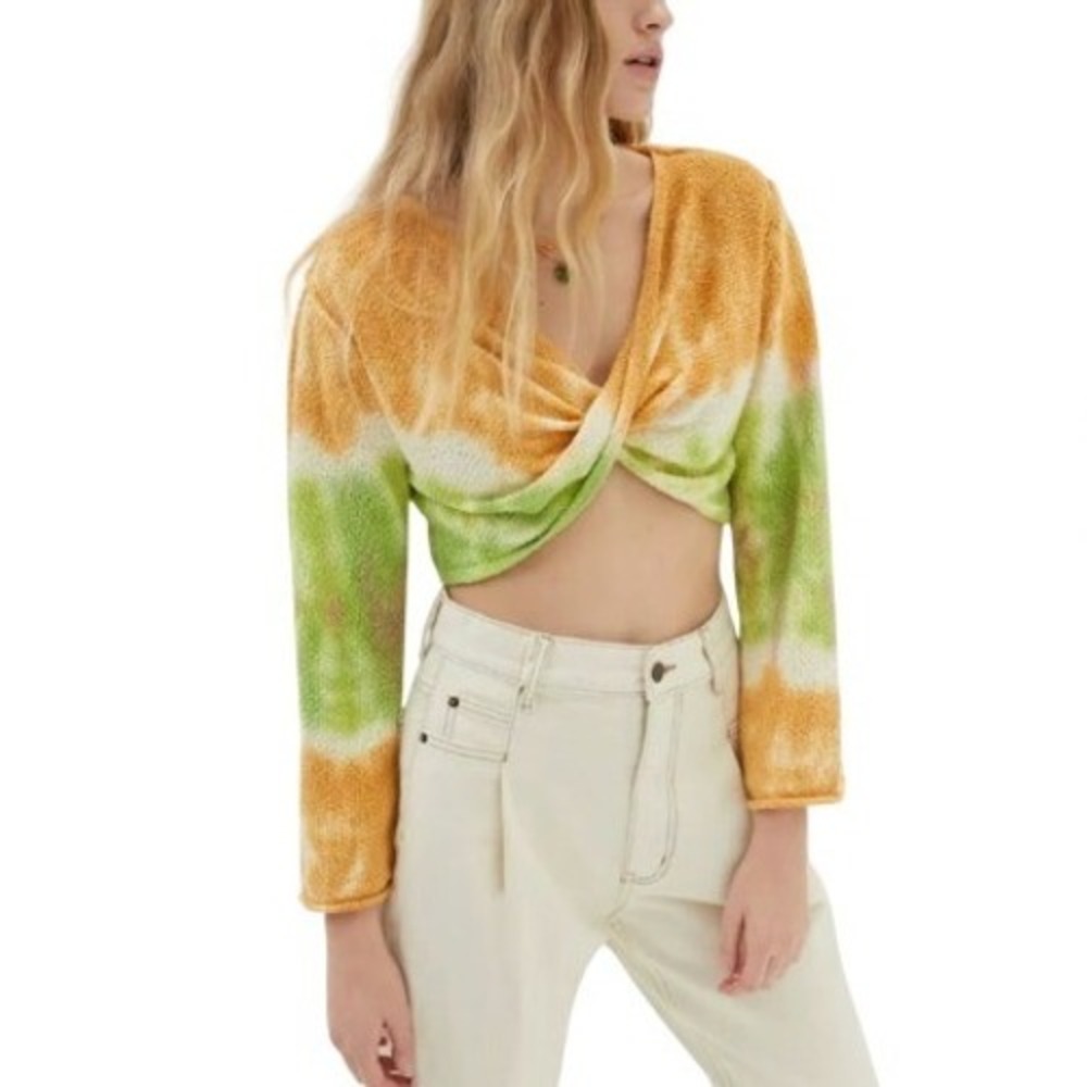 Urban Outfitters Orange Green Tie‎ Dye Twist Front Crop Sweater M Boho Festival